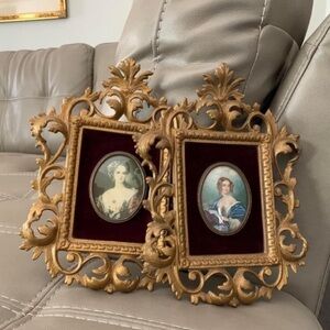 #30 Vintage Cameo Creation French Lady Portrait Print Frames Pair Convex Glass
